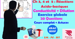 Ch 3,4 et 5 : 2 BAC BIOF - Réactions acido-basiques, Exercice (20 Questions) (Partie3), Conductivité, Dilution,JENKAL RACHID