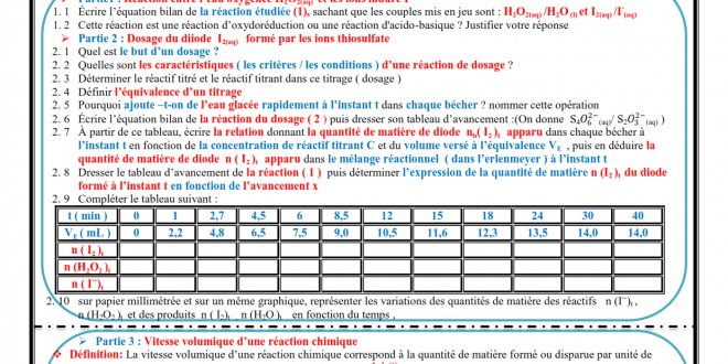 Chapitre  2 : Chapitre 2 : Suivi temporel d’une transformation chimique -Vitesse de réaction , Activités et Exercices d'application , 2BAC BIOF , Pr JENKAL RACHID,