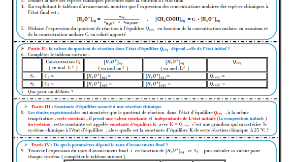 Chapitre 4 : état d'équilibre d'un système chimique : Activités , Exercices d'application : 2BAC BIOF , Pr JENKAL RACHID
