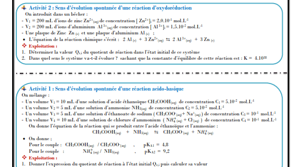 ♣ Chapitre 6 : Évolution spontanée d’un système chimique : Activités , Exercices d'application , 2BAC BIOF , Pr JENKAL RACHID ,