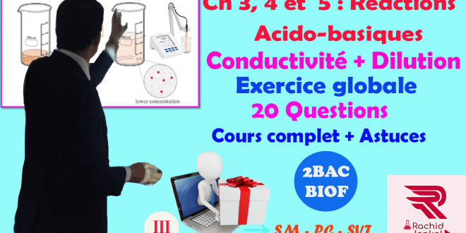 Ch 3,4 et 5 : 2 BAC BIOF - Réactions acido-basiques, Exercice (20 Questions) (Partie3), Conductivité, Dilution,JENKAL RACHID