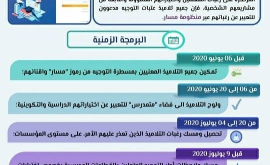 البرمجة الزمنية لمختلف العلميات المتعلقة بالتدبير الرقمي لمسطرة التوجيه المدرسي والمهني بالتعليم الثانوي التاهيلي برسم الموسم الدراسي 2020 ، 2021